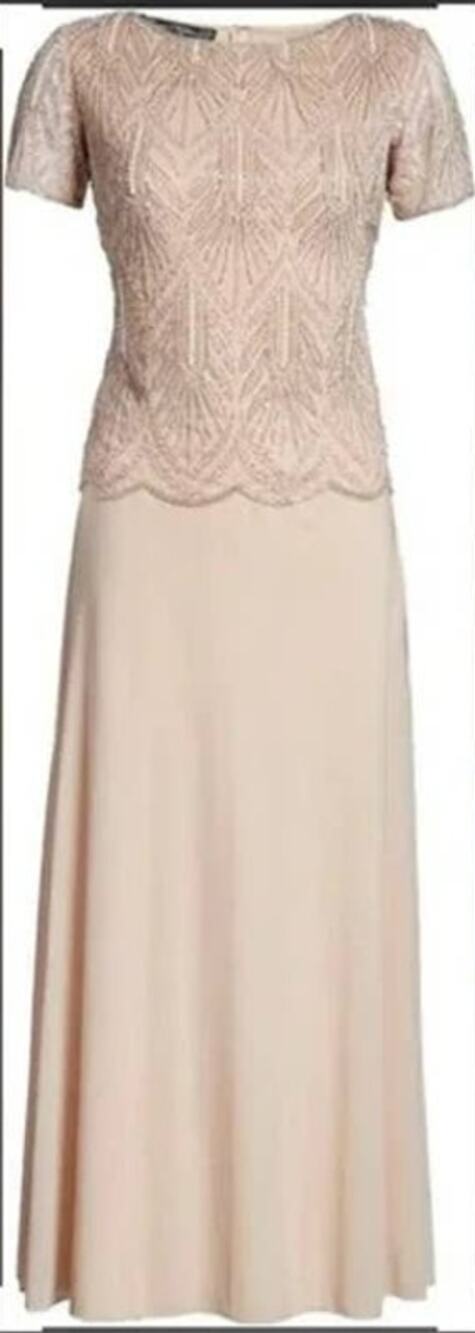 Pisarro Nights Beaded Bodice Chiffon Gown Size 4 Blush NWT Short Sleeve Formal